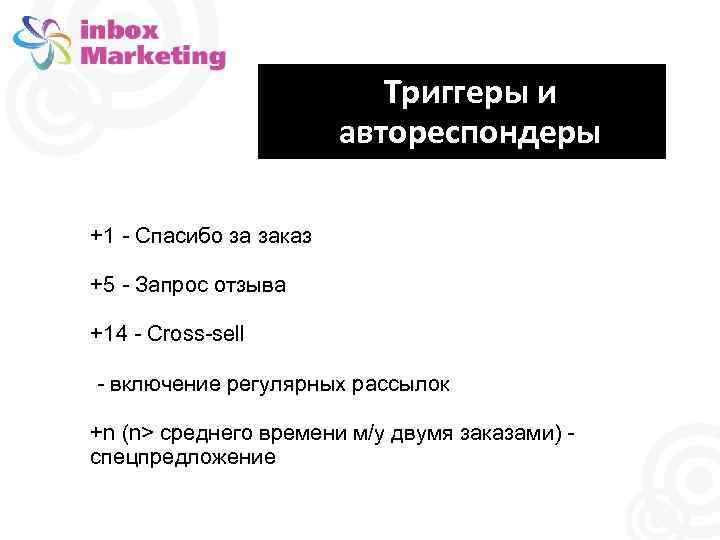 Триггеры и автореспондеры +1 - Спасибо за заказ +5 - Запрос отзыва +14 -