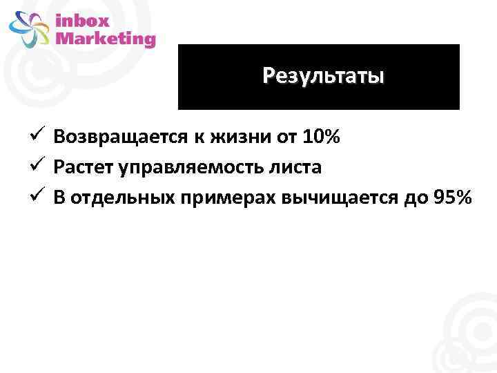 Результаты Возвращается к жизни от 10% Растет управляемость листа В отдельных примерах вычищается до
