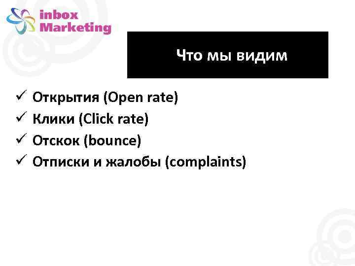 Что мы видим Открытия (Open rate) Клики (Click rate) Отскок (bounce) Отписки и жалобы