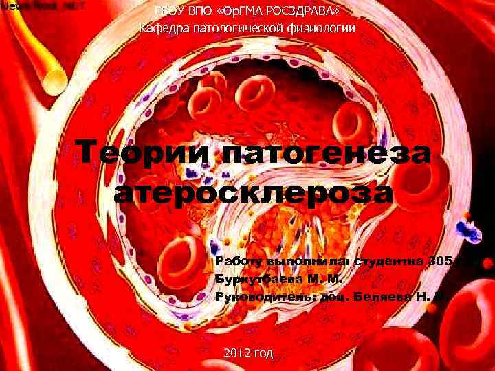 ГБОУ ВПО «Ор. ГМА РОСЗДРАВА» Кафедра патологической физиологии Теории патогенеза атеросклероза Работу выполнила: студентка