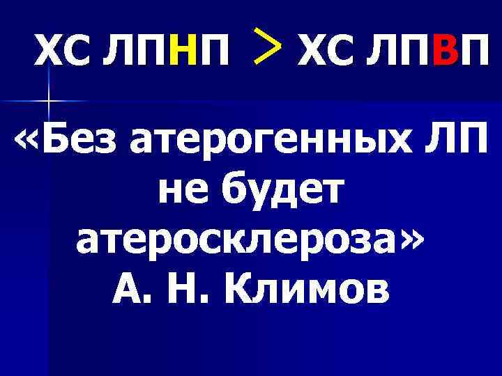 ХС ЛПНП ХС ЛПВП «Без атерогенных ЛП не будет атеросклероза» А. Н. Климов 