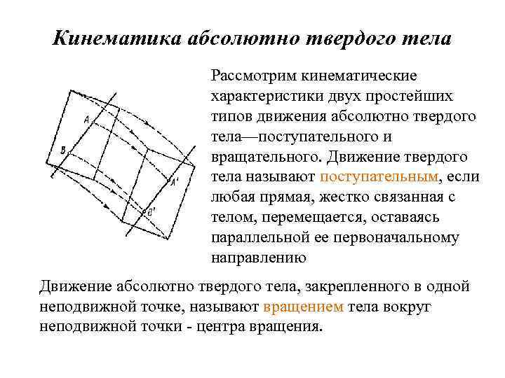 Кинематика абсолютно твердого тела Рассмотрим кинематические характеристики двух простейших типов движения абсолютно твердого тела—поступательного