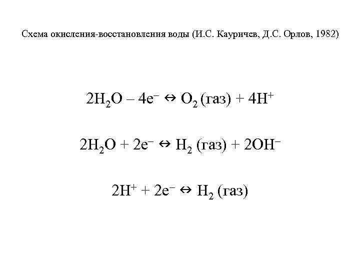 Схема окисления-восстановления воды (И. С. Кауричев, Д. С. Орлов, 1982) 2 Н 2 О