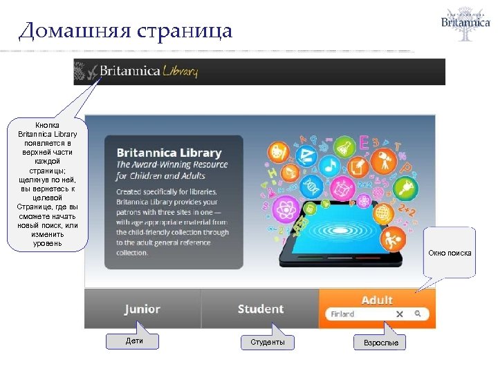 Домашняя страница Кнопка Britannica Library появляется в верхней части каждой страницы; щелкнув по ней,