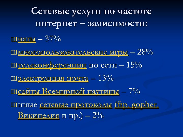 Сетевые услуги по частоте интернет – зависимости: Ш чаты – 37% Ш многопользовательские игры
