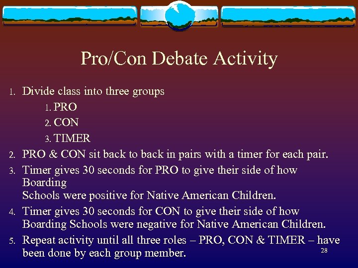 Pro/Con Debate Activity 1. 2. 3. 4. 5. Divide class into three groups 1.