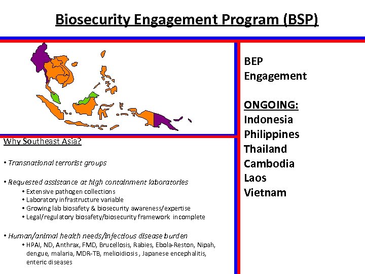 Biosecurity Engagement Program (BSP) BEP Engagement Why Southeast Asia? • Transnational terrorist groups •