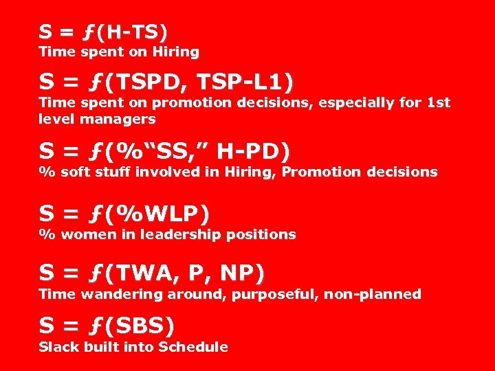 S = ƒ(H-TS) Time spent on Hiring S = ƒ(TSPD, TSP-L 1) Time spent