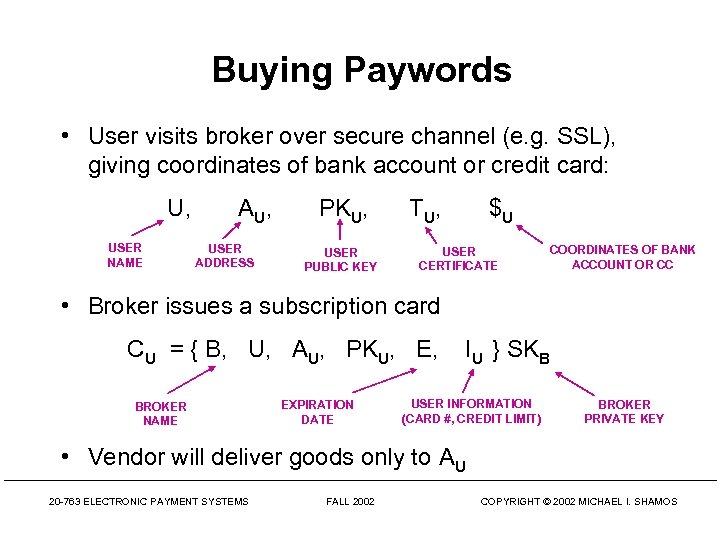 Buying Paywords • User visits broker over secure channel (e. g. SSL), giving coordinates