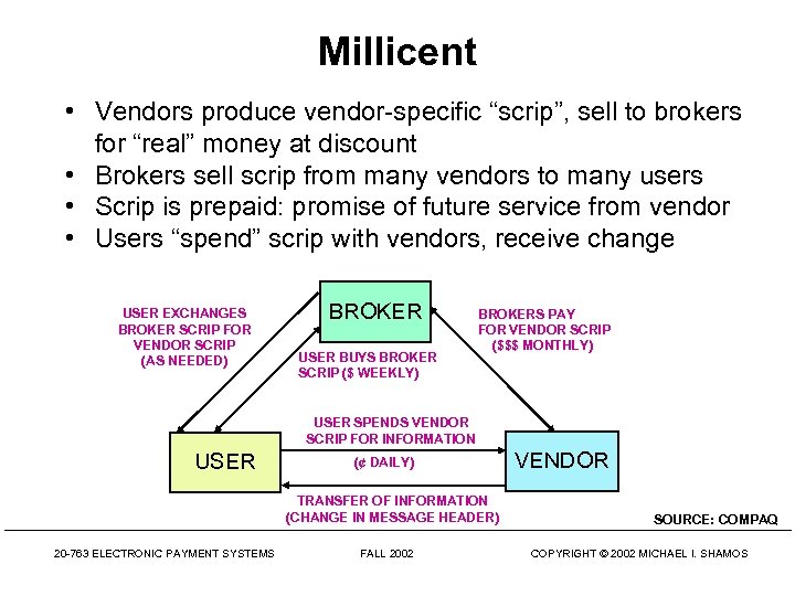 Millicent • Vendors produce vendor-specific “scrip”, sell to brokers for “real” money at discount