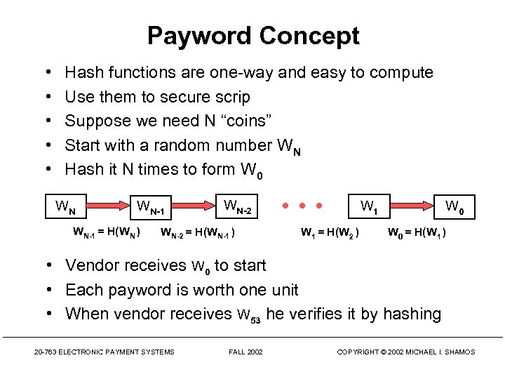 Payword Concept • • • Hash functions are one-way and easy to compute Use