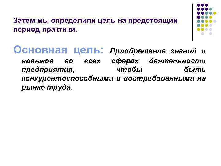 Затем мы определили цель на предстоящий период практики. Основная цель: Приобретение знаний и навыков