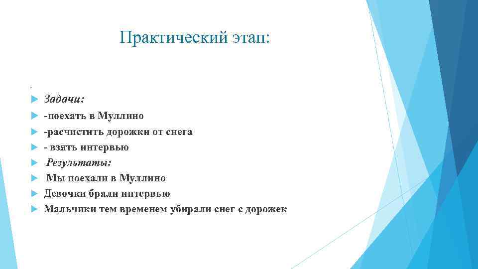 Практический этап: Задачи: -поехать в Муллино -расчистить дорожки от снега - взять интервью Результаты: