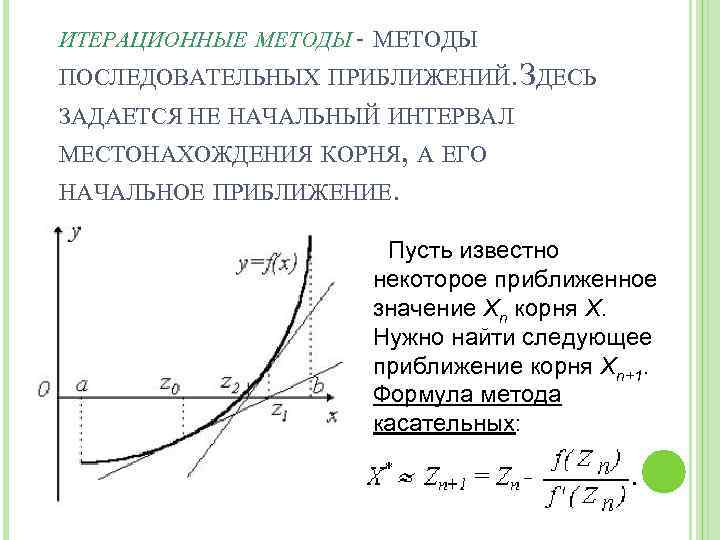 ИТЕРАЦИОННЫЕ МЕТОДЫ - МЕТОДЫ ПОСЛЕДОВАТЕЛЬНЫХ ПРИБЛИЖЕНИЙ. ЗДЕСЬ ЗАДАЕТСЯ НЕ НАЧАЛЬНЫЙ ИНТЕРВАЛ МЕСТОНАХОЖДЕНИЯ КОРНЯ, А