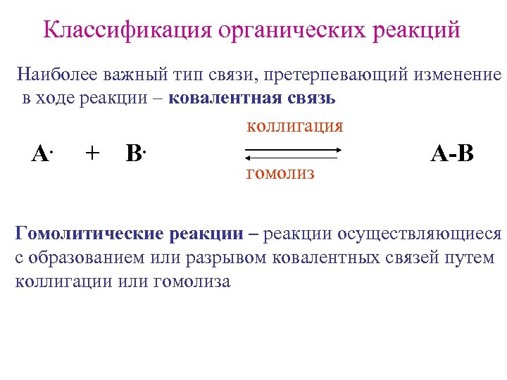 Классификация органических реакций Наиболее важный тип связи, претерпевающий изменение в ходе реакции – ковалентная