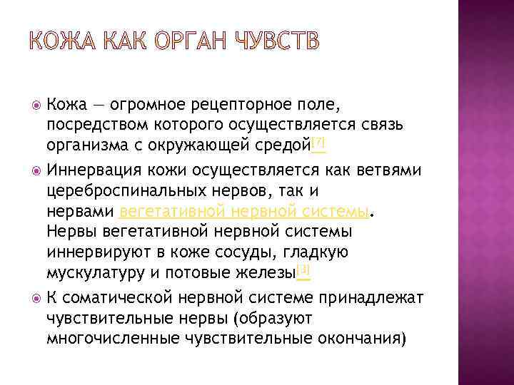 Кожа — огромное рецепторное поле, посредством которого осуществляется связь организма с окружающей средой[7] Иннервация