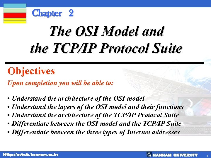 Chapter 2 The OSI Model and the TCP/IP Protocol Suite Objectives Upon completion you