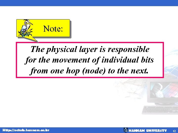 Note: The physical layer is responsible for the movement of individual bits from one