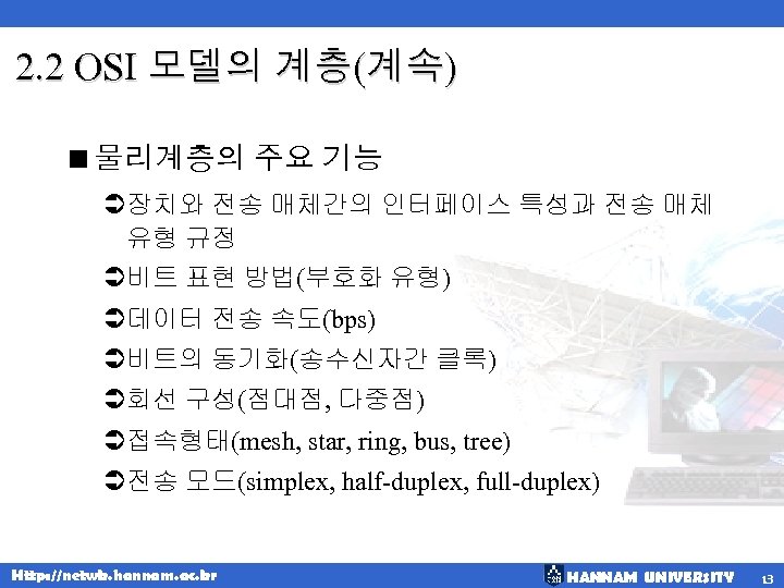 2. 2 OSI 모델의 계층(계속) <물리계층의 주요 기능 Ü장치와 전송 매체간의 인터페이스 특성과 전송