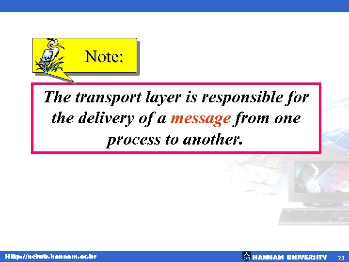 Note: The transport layer is responsible for the delivery of a message from one