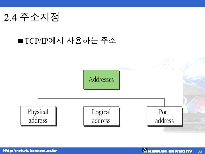 2. 4 주소지정 <TCP/IP에서 사용하는 주소 Http: //netwk. hannam. ac. kr HANNAM UNIVERSITY 38