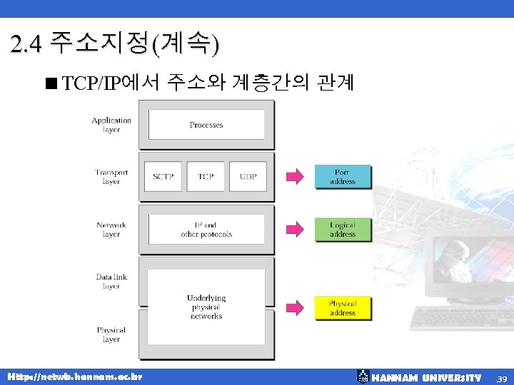 2. 4 주소지정(계속) <TCP/IP에서 주소와 계층간의 관계 Http: //netwk. hannam. ac. kr HANNAM UNIVERSITY