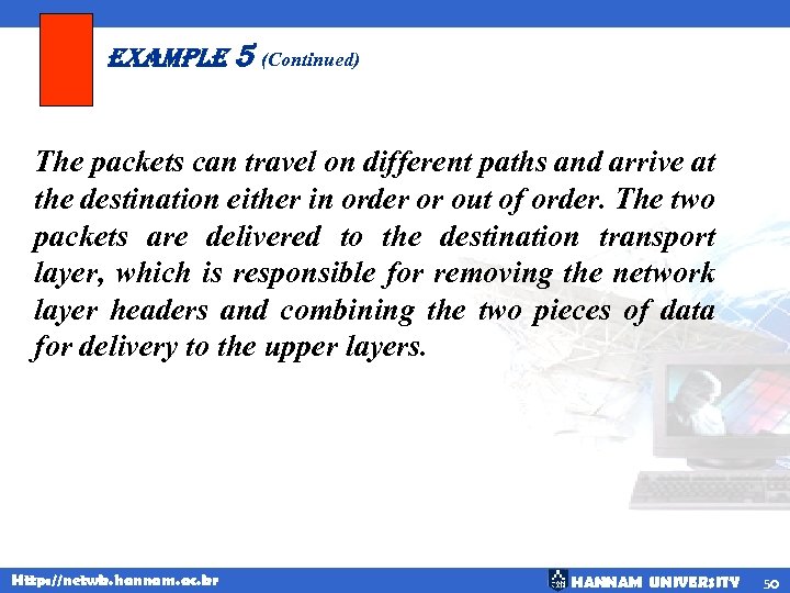 example 5 (Continued) The packets can travel on different paths and arrive at the