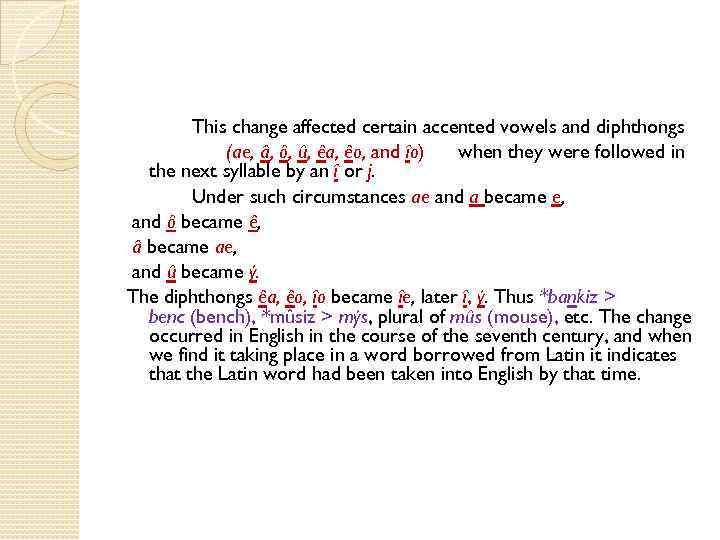 This change affected certain accented vowels and diphthongs (ae, â, ô, û, êa, êo,