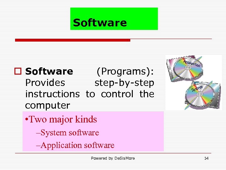 Software o Software (Programs): Provides step-by-step instructions to control the computer • Two major