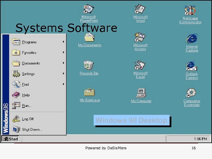 Systems Software Windows 98 Desktop Powered by De. Sia. More 16 