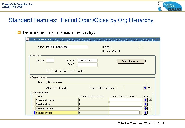 Douglas Volz Consulting, Inc. January 17 th, 2008 Standard Features: Period Open/Close by Org