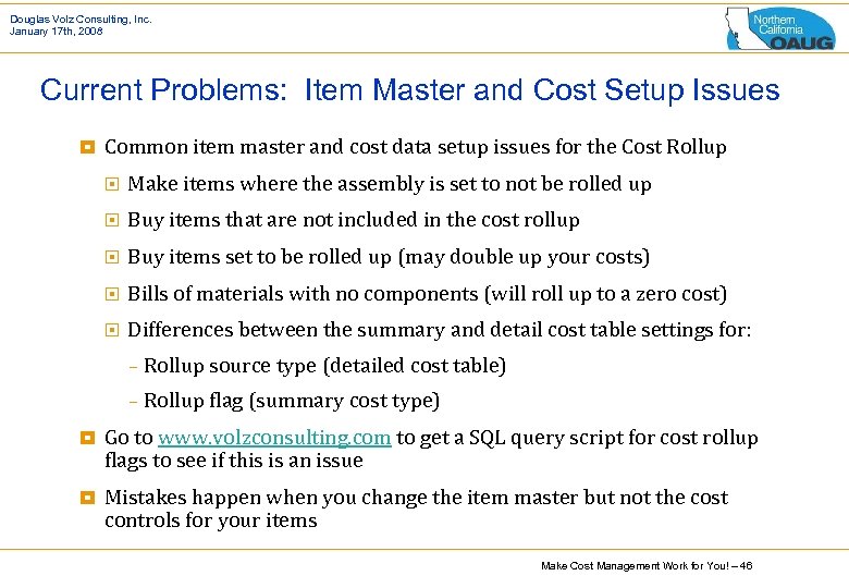 Douglas Volz Consulting, Inc. January 17 th, 2008 Current Problems: Item Master and Cost