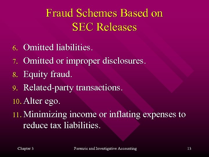 Fraud Schemes Based on SEC Releases Omitted liabilities. 7. Omitted or improper disclosures. 8.
