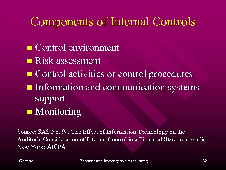 Components of Internal Controls Control environment n Risk assessment n Control activities or control