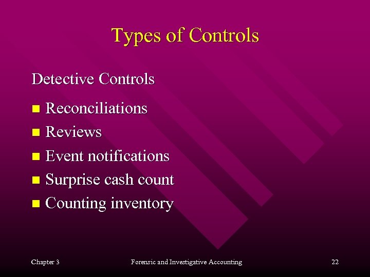 Types of Controls Detective Controls Reconciliations n Reviews n Event notifications n Surprise cash