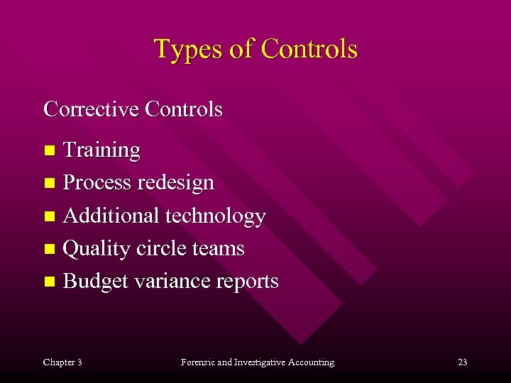 Types of Controls Corrective Controls Training n Process redesign n Additional technology n Quality