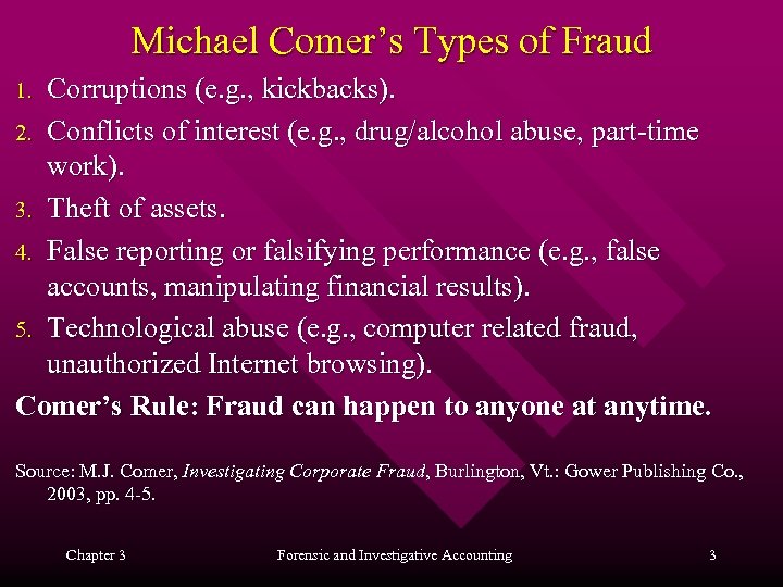 Michael Comer’s Types of Fraud Corruptions (e. g. , kickbacks). 2. Conflicts of interest