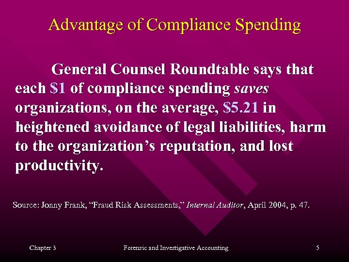Advantage of Compliance Spending General Counsel Roundtable says that each $1 of compliance spending