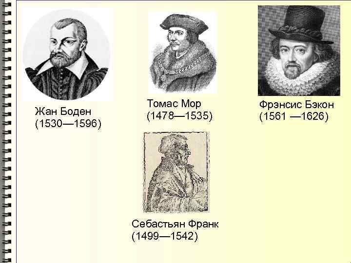 Жан Боден (1530— 1596) Томас Мор (1478— 1535) Себастьян Франк (1499— 1542) Фрэнсис Бэкон