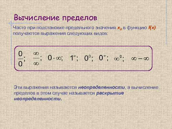 Вычисление пределов Часто при подстановке предельного значения x 0 в функцию f(x) получаются выражения