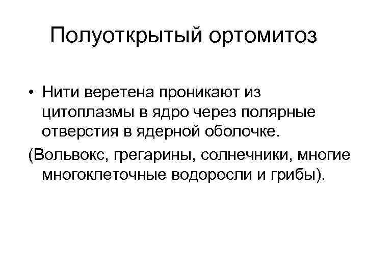 Полуоткрытый ортомитоз • Нити веретена проникают из цитоплазмы в ядро через полярные отверстия в