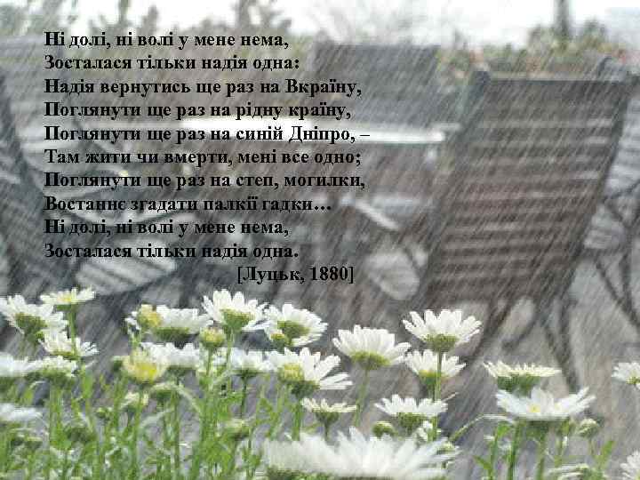 Ні долі, ні волі у мене нема, Зосталася тільки надія одна: Надія вернутись ще