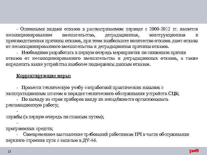 - Основными видами отказов в рассматриваемом периоде с 2000 -2012 гг. является несанкционированное вмешательство,