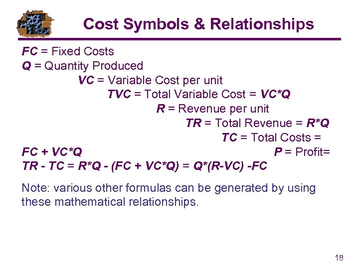 Cost Symbols & Relationships FC = Fixed Costs Q = Quantity Produced VC =