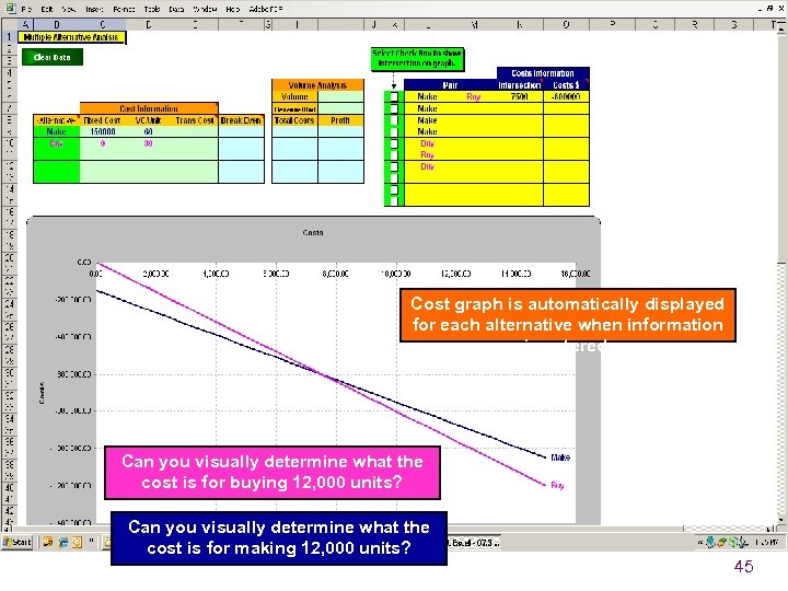 Cost graph is automatically displayed for each alternative when information is entered. Can you
