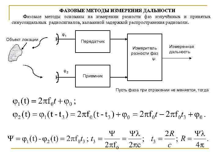 Определение метода измерения. Фазовый метод измерения дальности. Частотный метод измерения дальности. Амплитудный метод измерения дальности. Фазовый метод радиолокации.