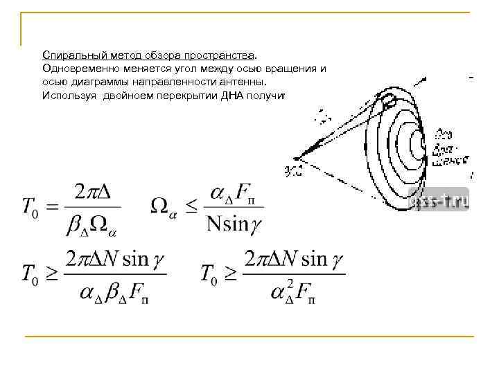 Спиральный метод обзора пространства. Одновременно меняется угол между осью вращения и осью диаграммы направленности