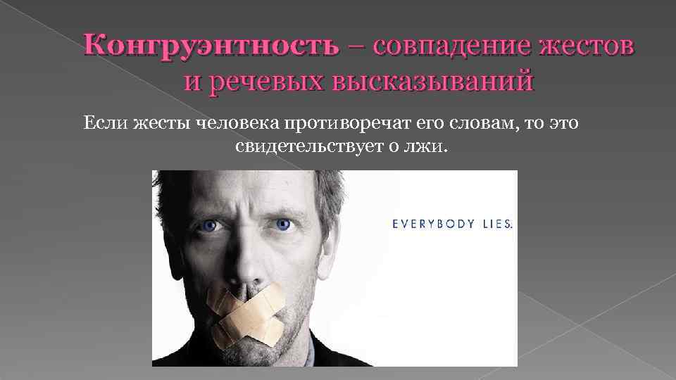 Конгруэнтность – совпадение жестов и речевых высказываний Если жесты человека противоречат его словам, то