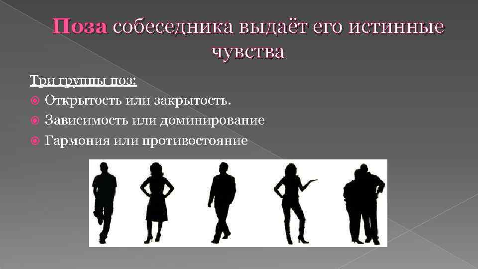 Поза собеседника выдаёт его истинные чувства Три группы поз: Открытость или закрытость. Зависимость или