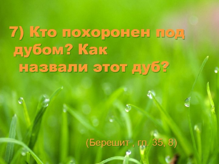 7) Кто похоронен под дубом? Как назвали этот дуб? (Берешит , гл. 35, 8)
